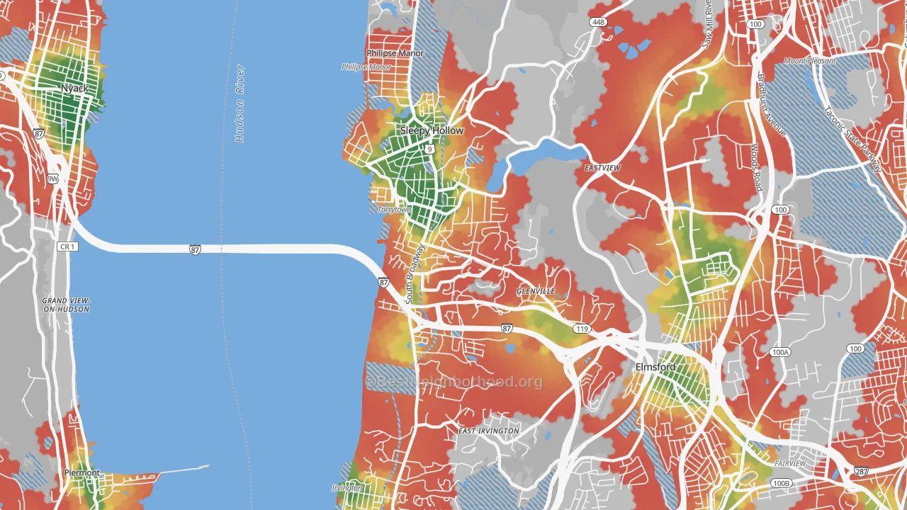 Walk Grade map of Tarrytown, NY, walkable areas in green and car-dependent areas in red
