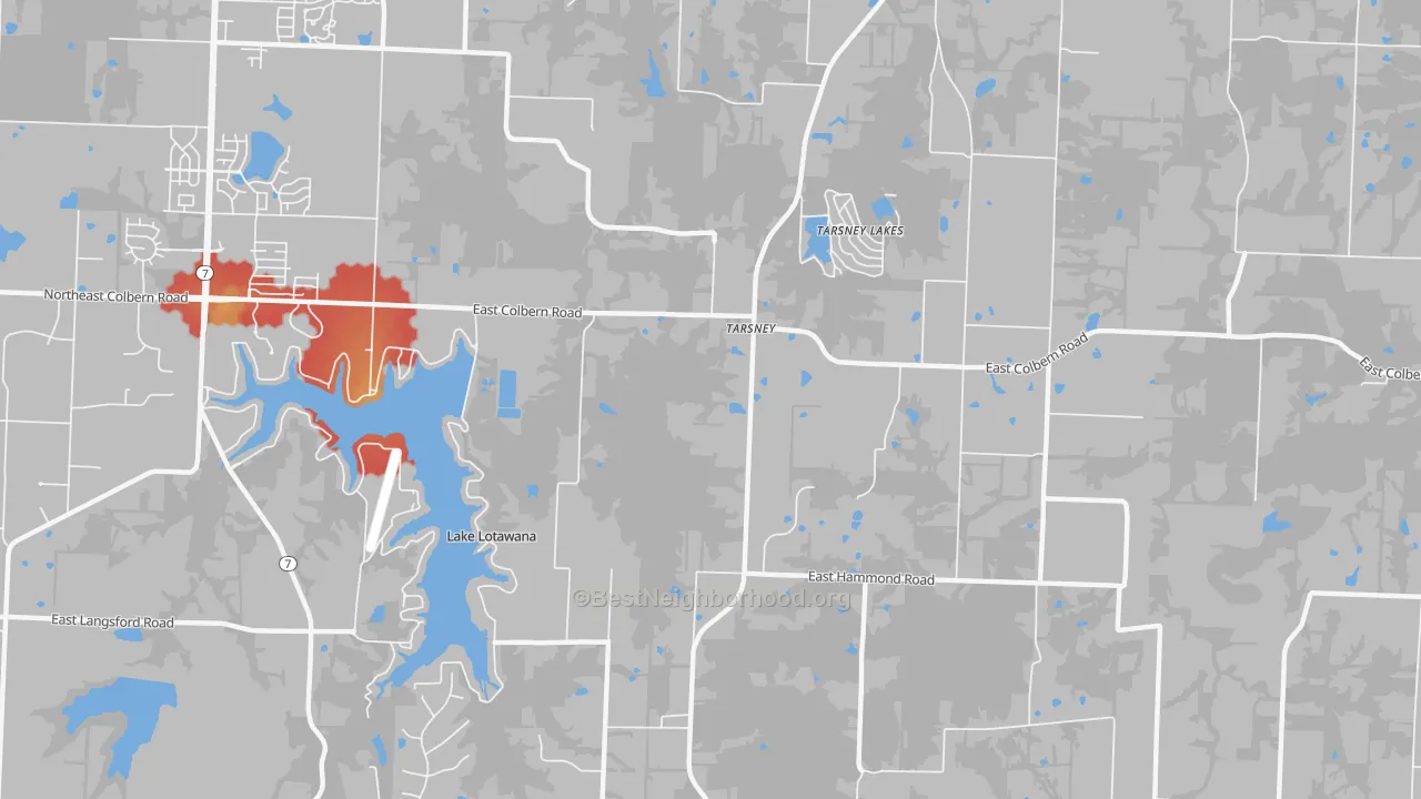 Walk Grade map of Tarsney Lakes, MO, walkable areas in green and car-dependent areas in red