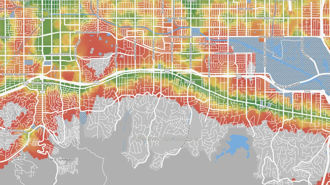 Walk Grade map of Tarzana, CA, walkable areas in green and car-dependent areas in red