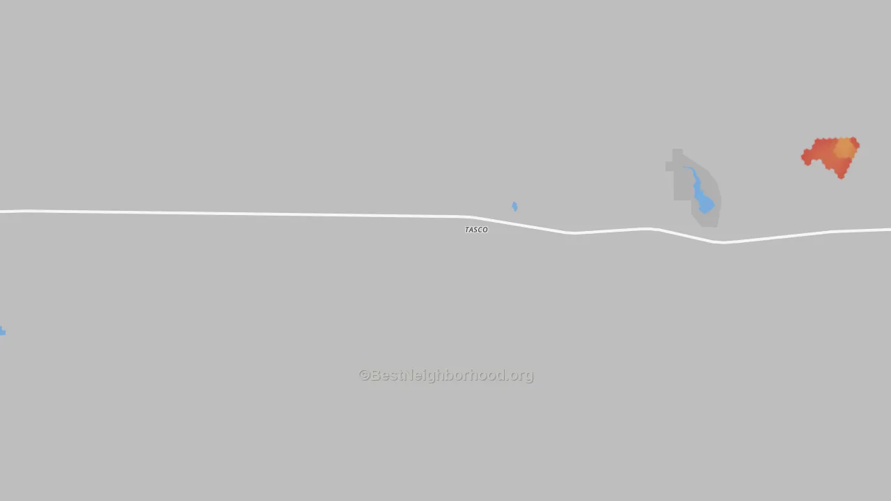 Walk Grade map of Tasco, KS, walkable areas in green and car-dependent areas in red