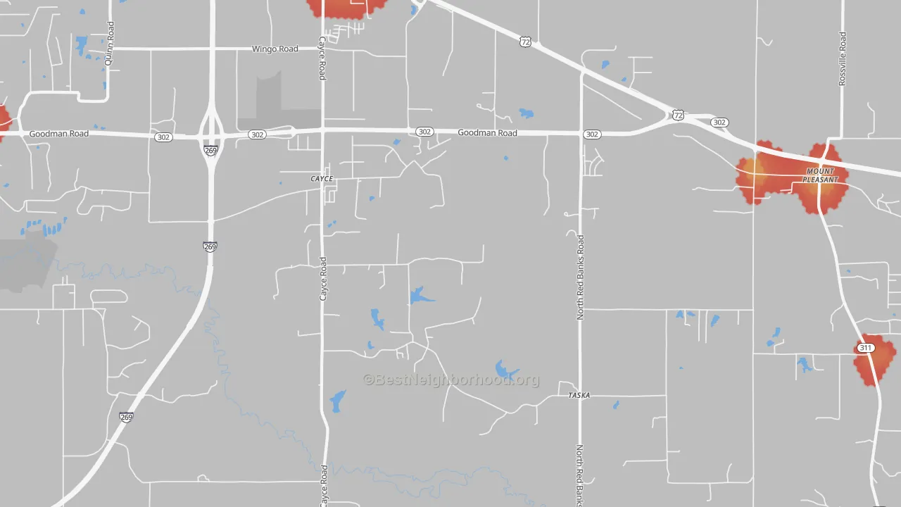 Walk Grade map of Taska, MS, walkable areas in green and car-dependent areas in red