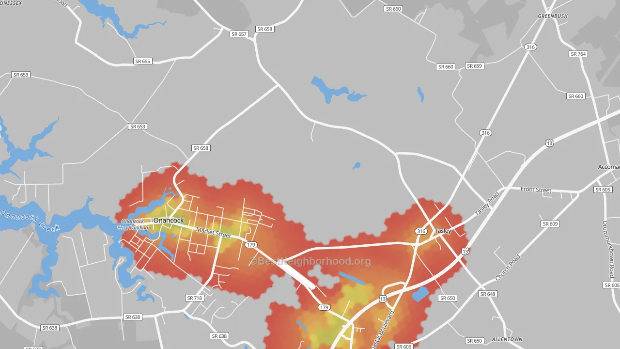 Walk Grade map of Tasley, VA, walkable areas in green and car-dependent areas in red