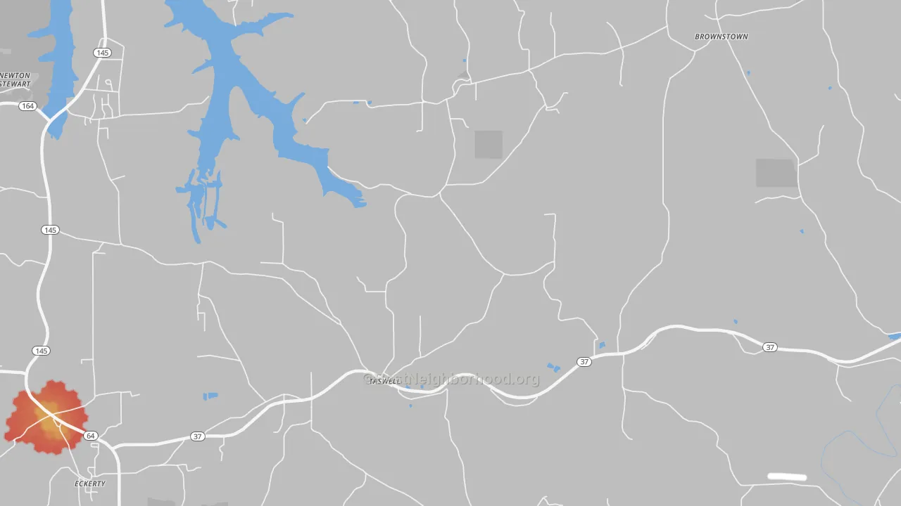 Walk Grade map of Taswell, IN, walkable areas in green and car-dependent areas in red
