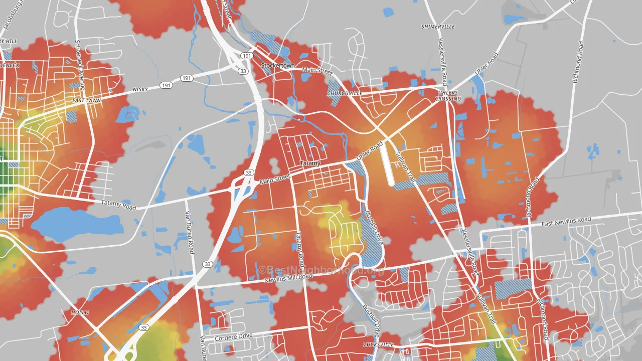 Walk Grade map of Tatamy, PA, walkable areas in green and car-dependent areas in red