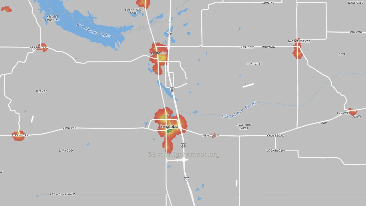 Walk Grade map of Tate County, MS, walkable areas in green and car-dependent areas in red