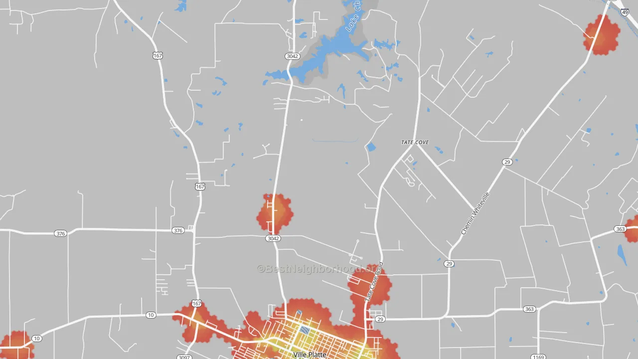 Walk Grade map of Tate Cove, LA, walkable areas in green and car-dependent areas in red