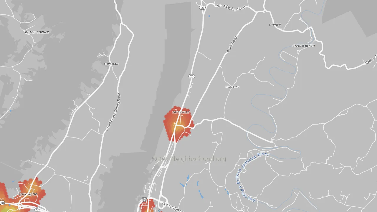 Walk Grade map of Tatesville, PA, walkable areas in green and car-dependent areas in red