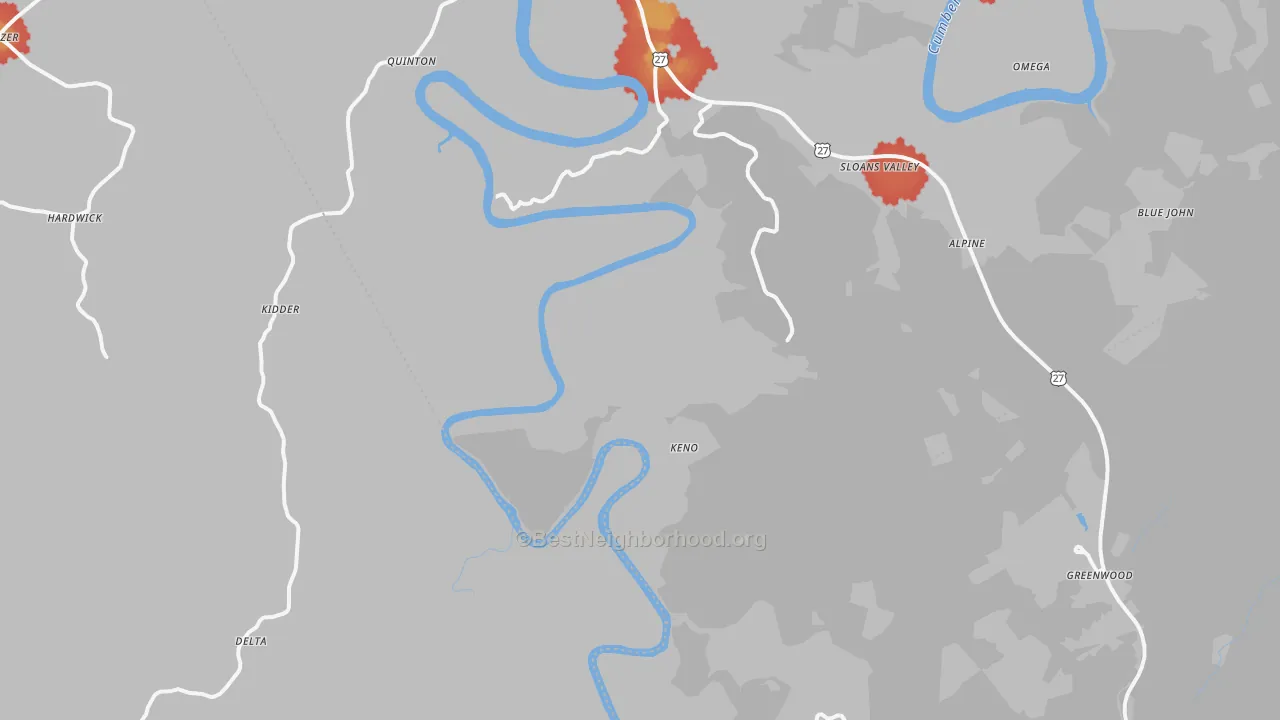Walk Grade map of Tateville, KY, walkable areas in green and car-dependent areas in red