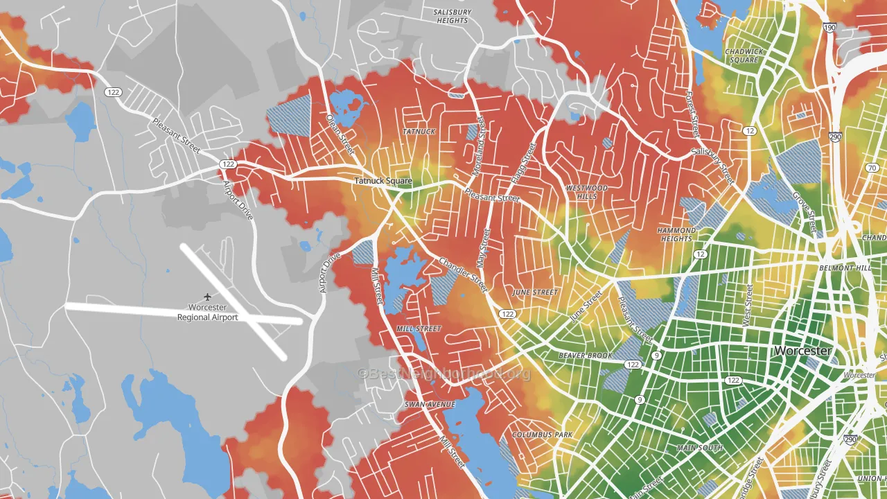Walk Grade map of Tatnuck, Worcester, MA, walkable areas in green and car-dependent areas in red