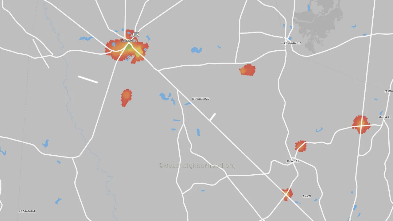 Walk Grade map of Tattnall County, GA, walkable areas in green and car-dependent areas in red