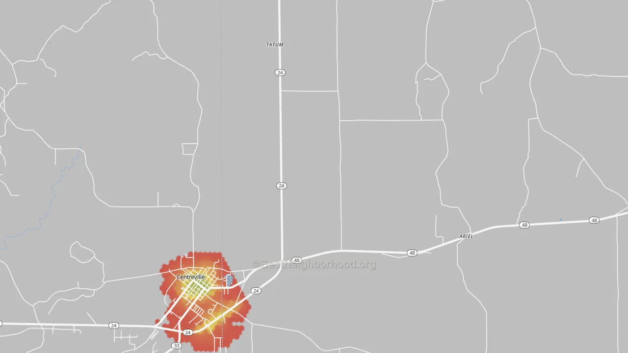 Walk Grade map of Tatum, MS, walkable areas in green and car-dependent areas in red