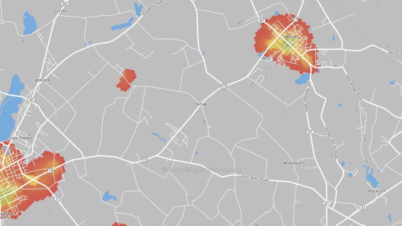 Walk Grade map of Tatum, SC, walkable areas in green and car-dependent areas in red