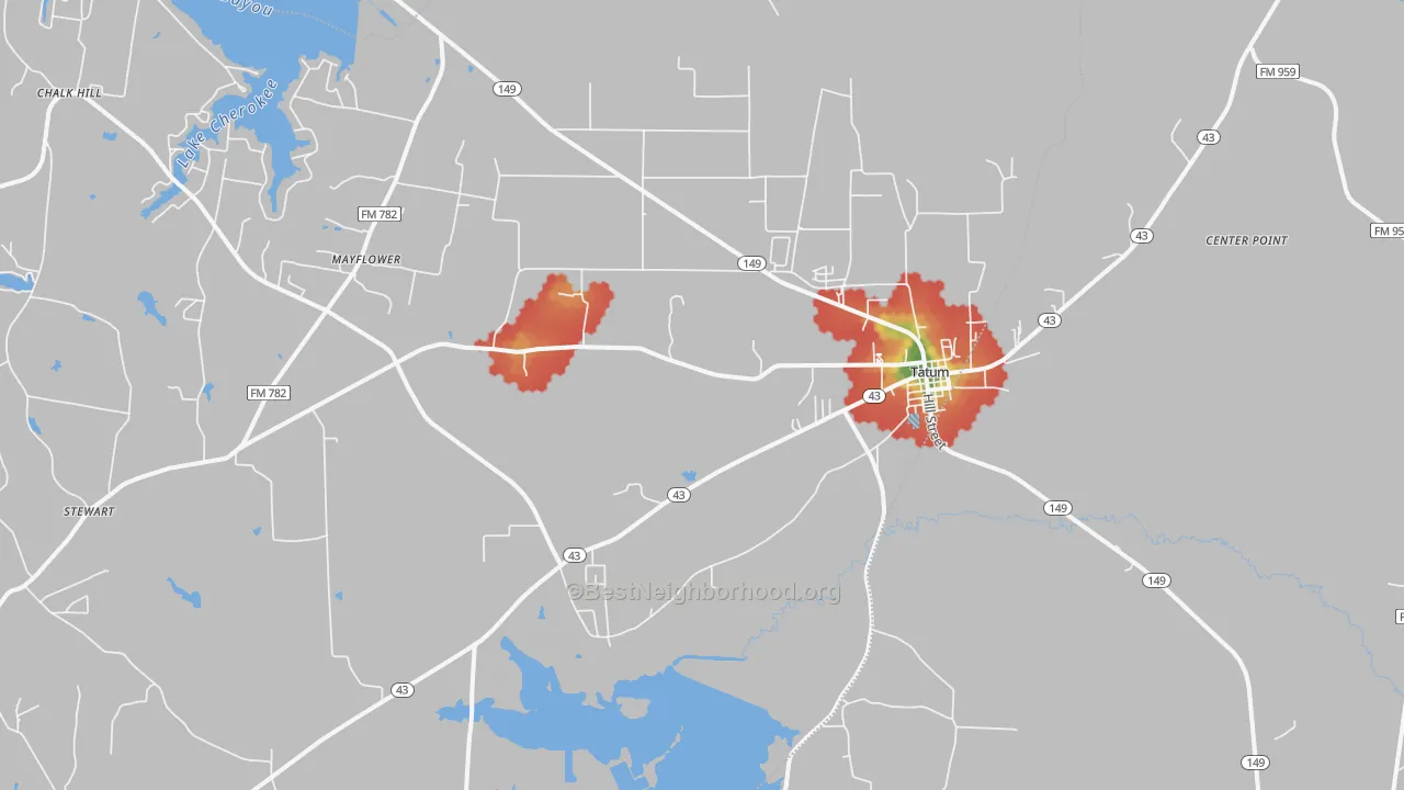 Walk Grade map of Tatum, TX, walkable areas in green and car-dependent areas in red
