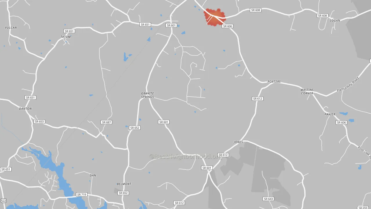 Walk Grade map of Tatum, VA, walkable areas in green and car-dependent areas in red
