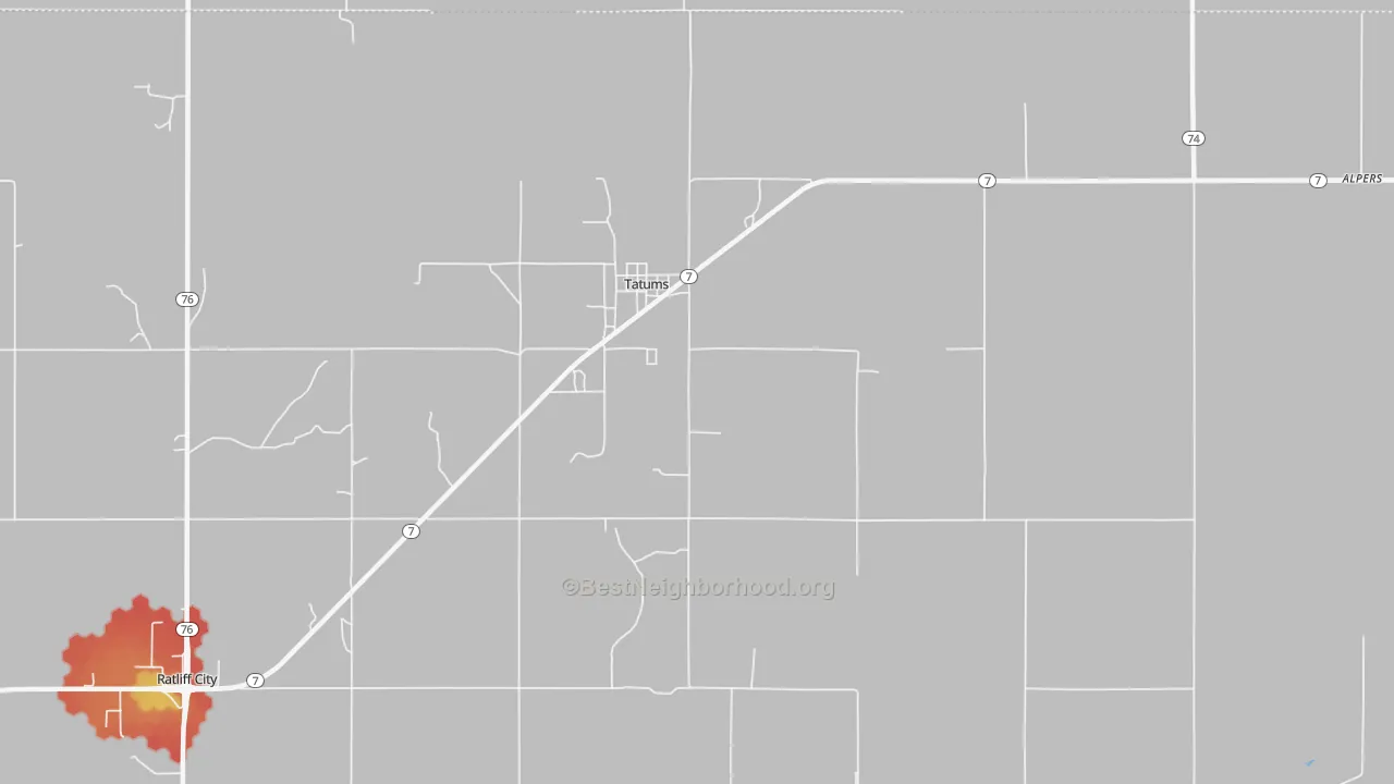 Walk Grade map of Tatums, OK, walkable areas in green and car-dependent areas in red