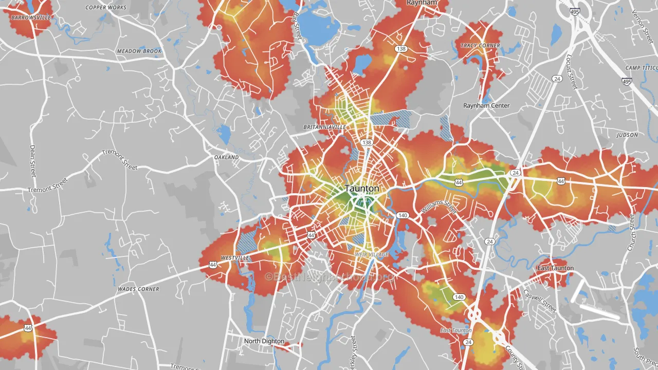 Walk Grade map of Taunton, MA, walkable areas in green and car-dependent areas in red