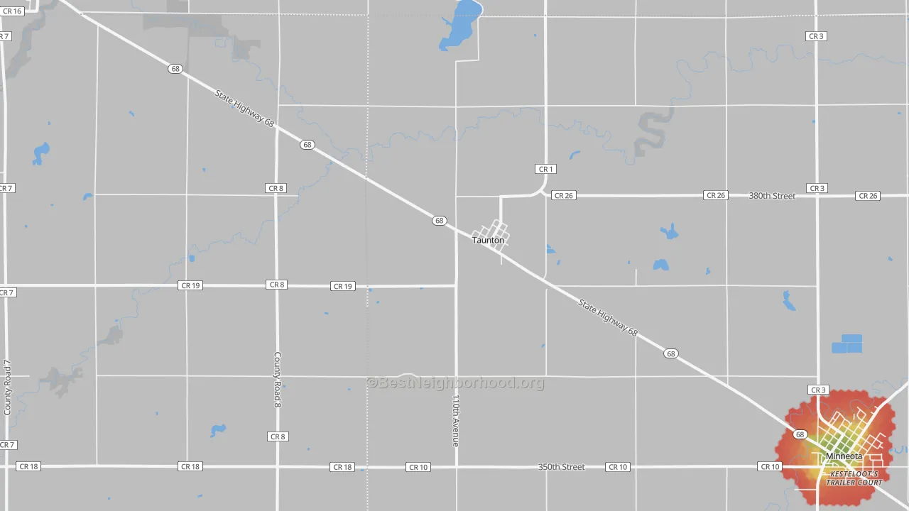 Walk Grade map of Taunton, MN, walkable areas in green and car-dependent areas in red