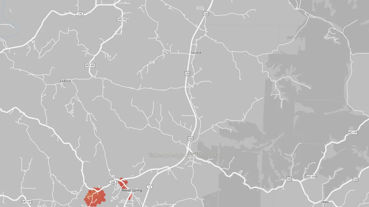 Walk Grade map of Tauria, MO, walkable areas in green and car-dependent areas in red