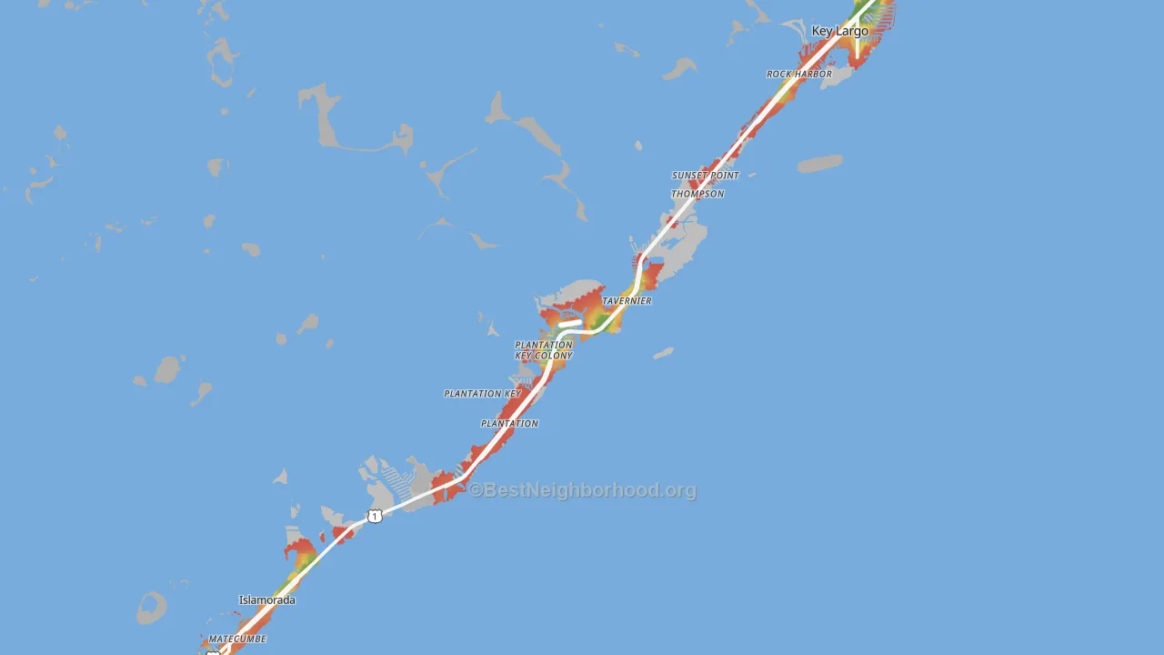 Walk Grade map of Tavernier, FL, walkable areas in green and car-dependent areas in red
