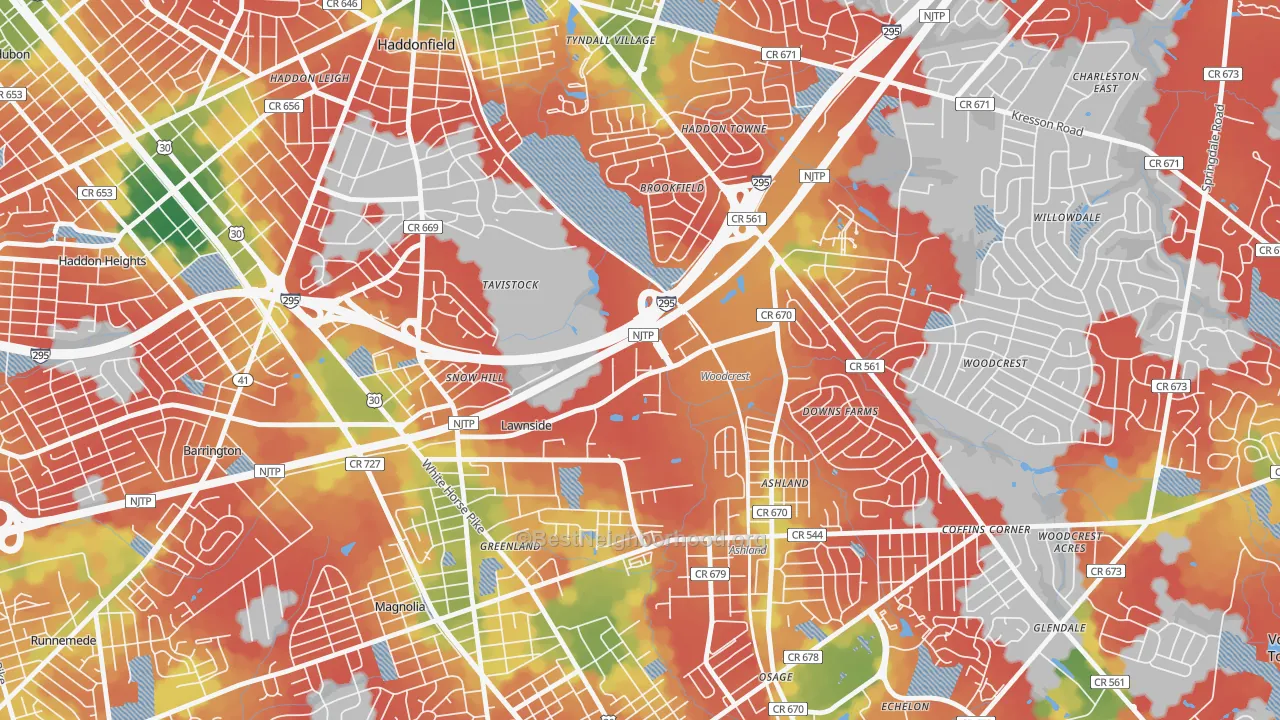 Walk Grade map of Tavistock, NJ, walkable areas in green and car-dependent areas in red