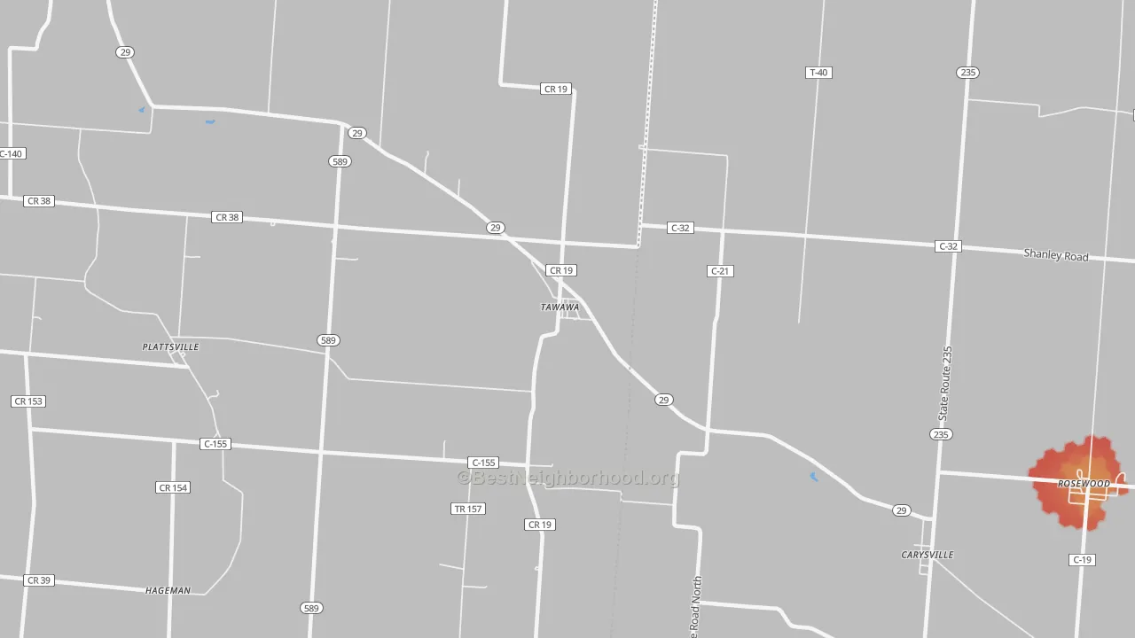 Walk Grade map of Tawawa, OH, walkable areas in green and car-dependent areas in red