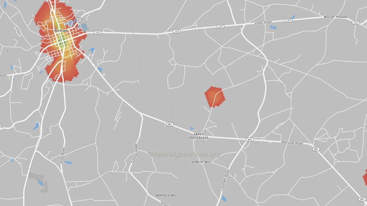 Walk Grade map of Taxahaw, SC, walkable areas in green and car-dependent areas in red