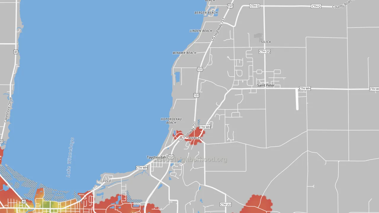 Walk Grade map of Taycheedah, WI, walkable areas in green and car-dependent areas in red