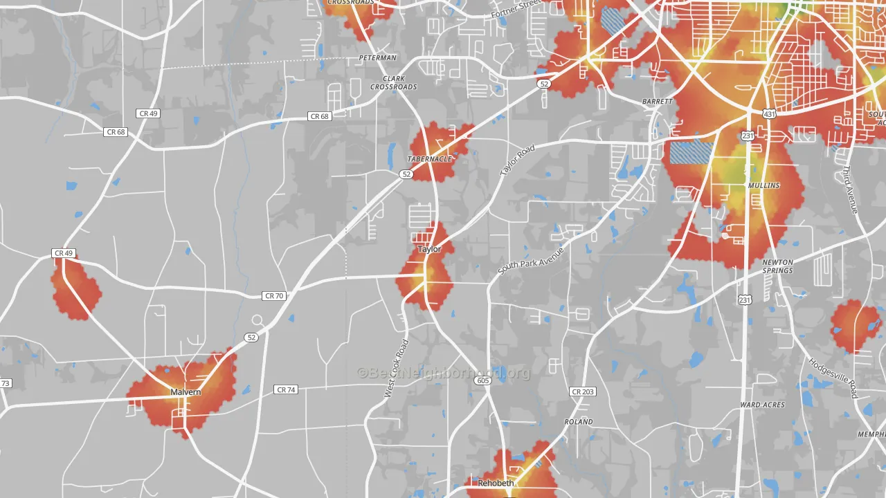 Walk Grade map of Taylor, AL, walkable areas in green and car-dependent areas in red