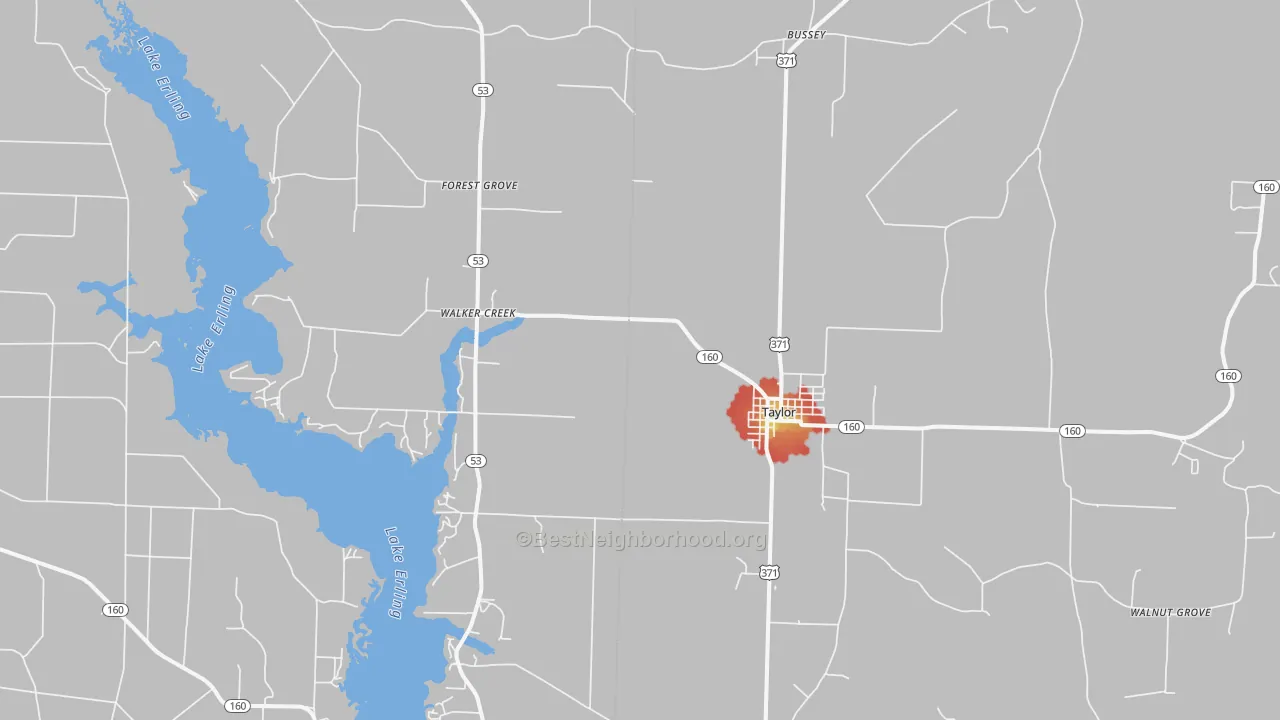 Walk Grade map of Taylor, AR, walkable areas in green and car-dependent areas in red