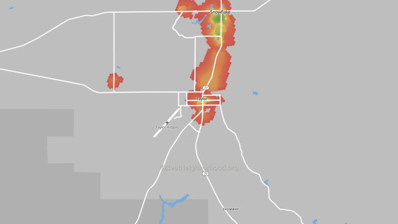 Walk Grade map of Taylor, AZ, walkable areas in green and car-dependent areas in red