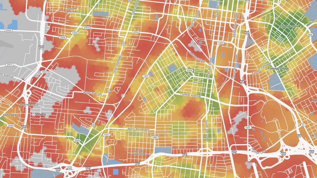 Walk Grade map of Taylor Berry, Louisville, KY, walkable areas in green and car-dependent areas in red
