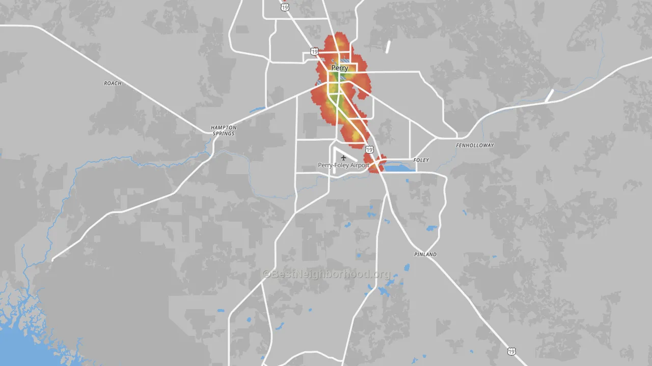 Walk Grade map of Taylor County, FL, walkable areas in green and car-dependent areas in red