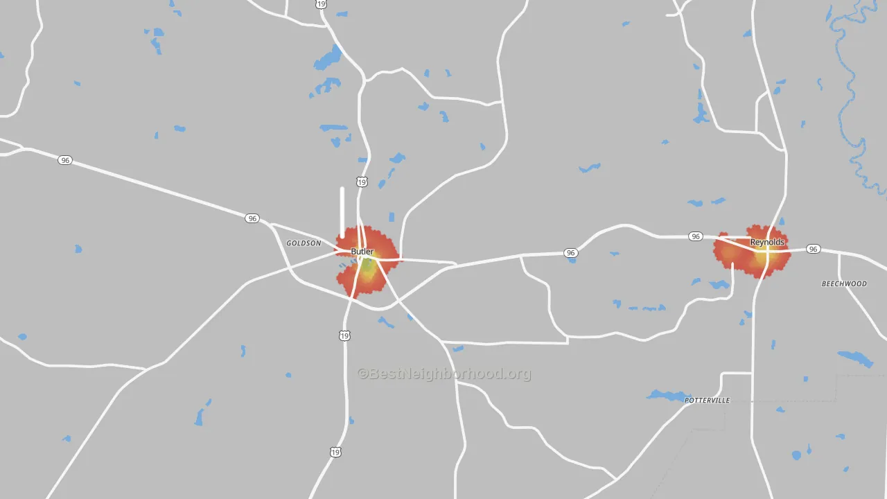 Walk Grade map of Taylor County, GA, walkable areas in green and car-dependent areas in red
