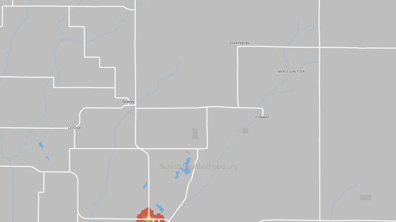 Walk Grade map of Taylor County, IA, walkable areas in green and car-dependent areas in red