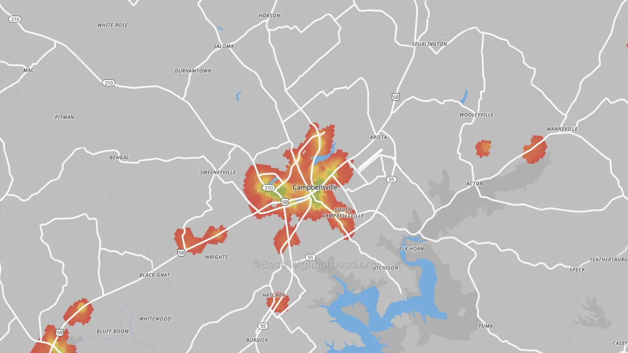 Walk Grade map of Taylor County, KY, walkable areas in green and car-dependent areas in red