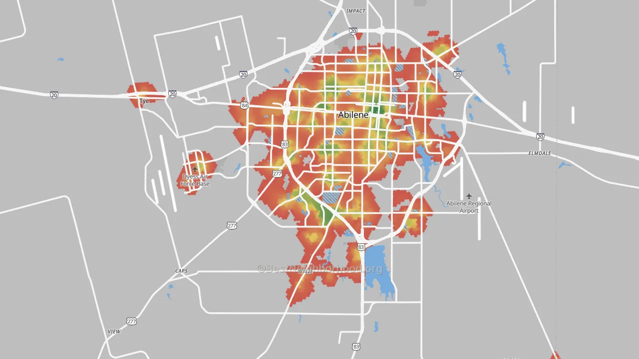 Walk Grade map of Taylor County, TX, walkable areas in green and car-dependent areas in red
