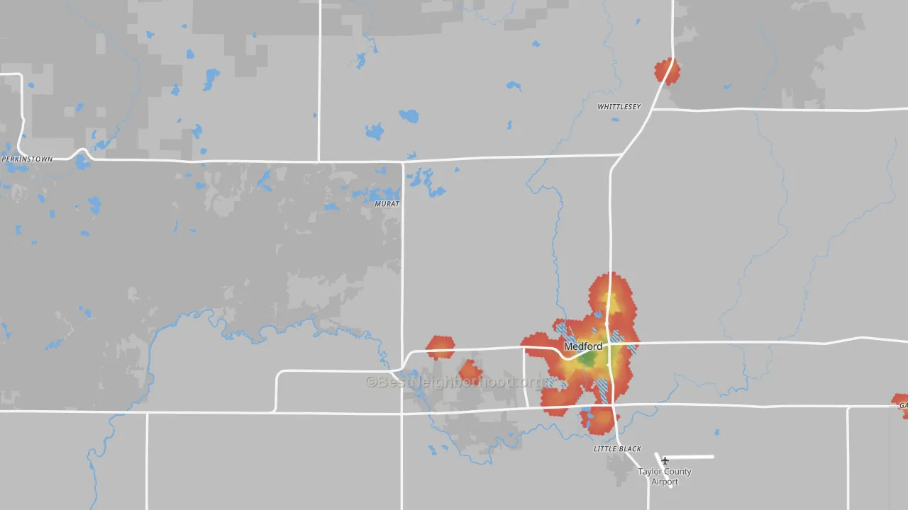Walk Grade map of Taylor County, WI, walkable areas in green and car-dependent areas in red