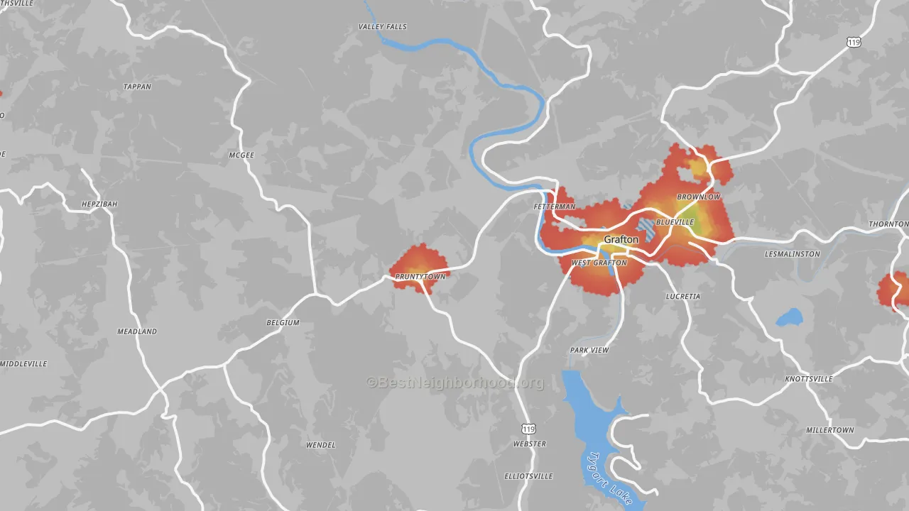 Walk Grade map of Taylor County, WV, walkable areas in green and car-dependent areas in red
