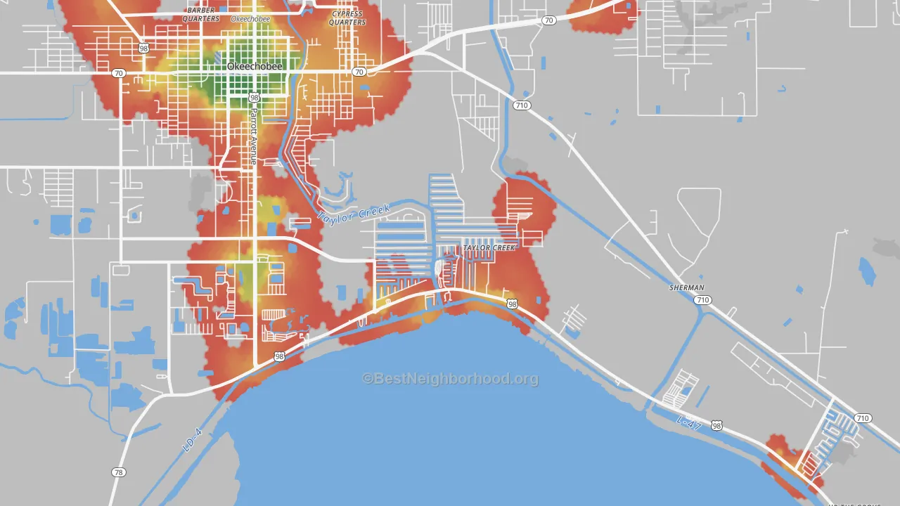 Walk Grade map of Taylor Creek, FL, walkable areas in green and car-dependent areas in red