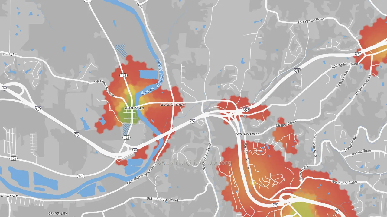 Walk Grade map of Taylor Creek, OH, walkable areas in green and car-dependent areas in red