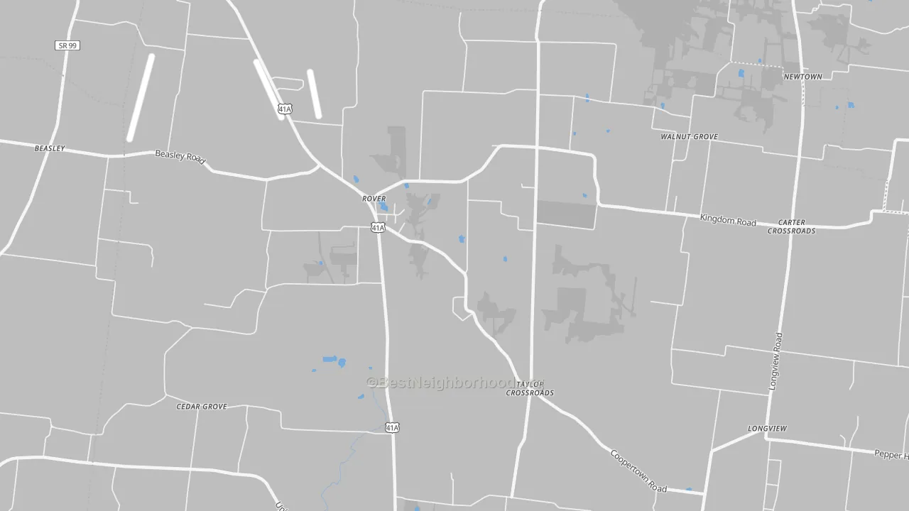 Walk Grade map of Taylor Crossroads, TN, walkable areas in green and car-dependent areas in red