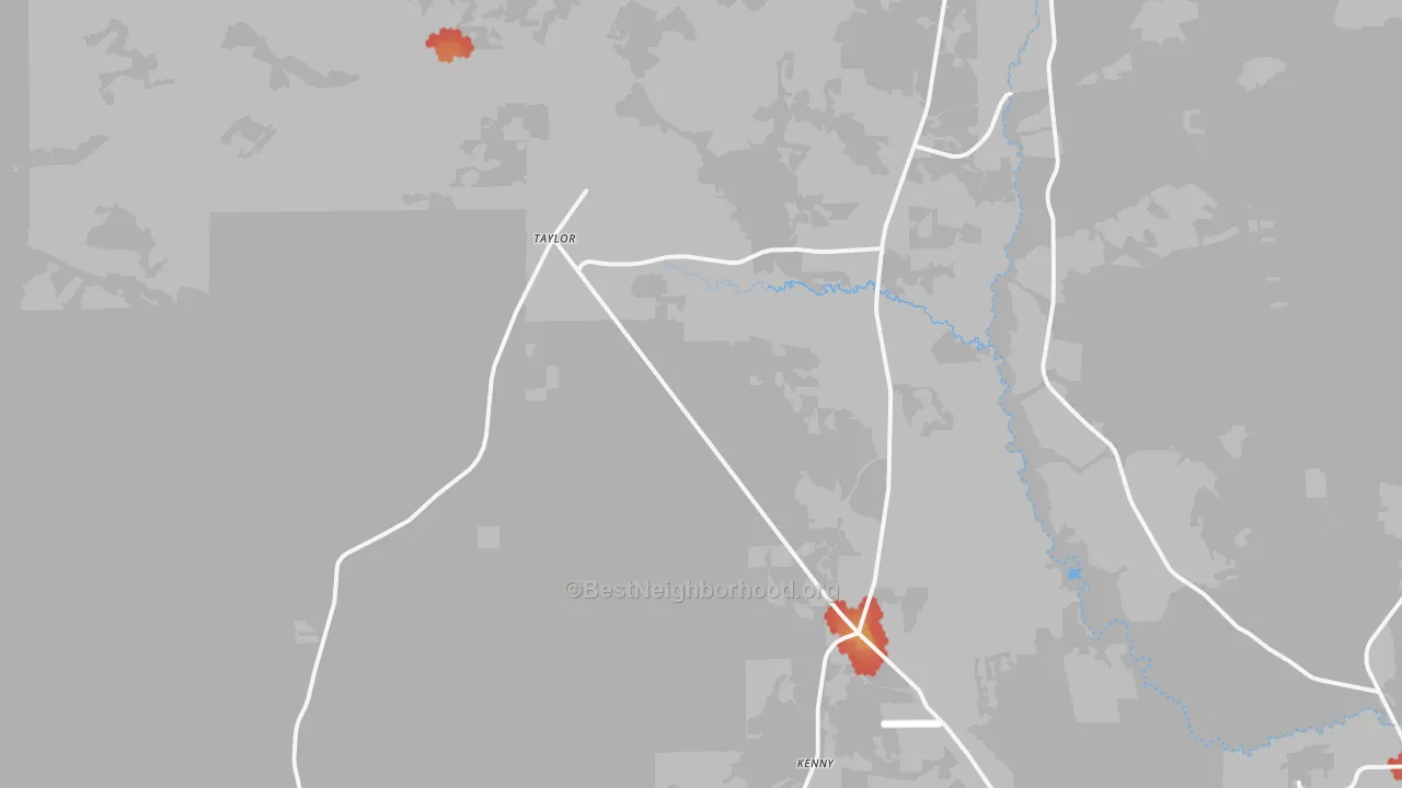 Walk Grade map of Taylor, FL, walkable areas in green and car-dependent areas in red