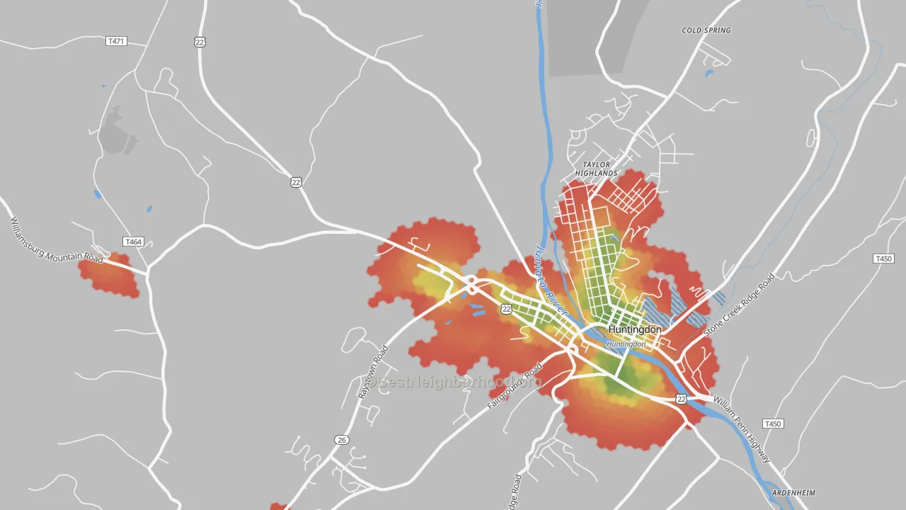 Walk Grade map of Taylor Highlands, PA, walkable areas in green and car-dependent areas in red