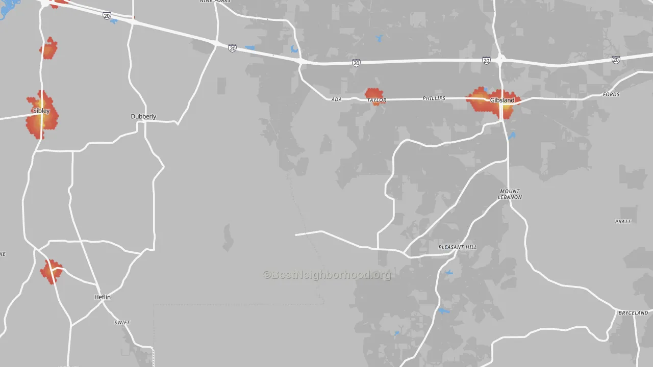 Walk Grade map of Taylor, LA, walkable areas in green and car-dependent areas in red
