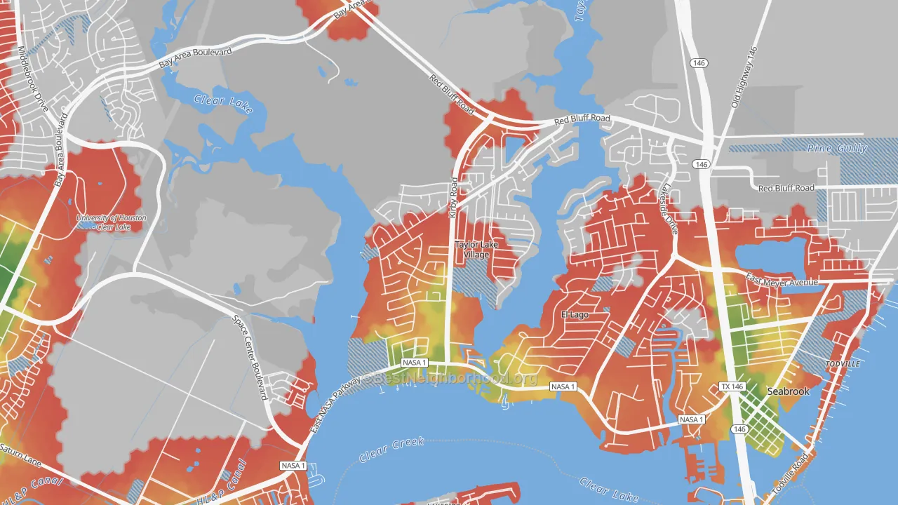 Walk Grade map of Taylor Lake Village, TX, walkable areas in green and car-dependent areas in red