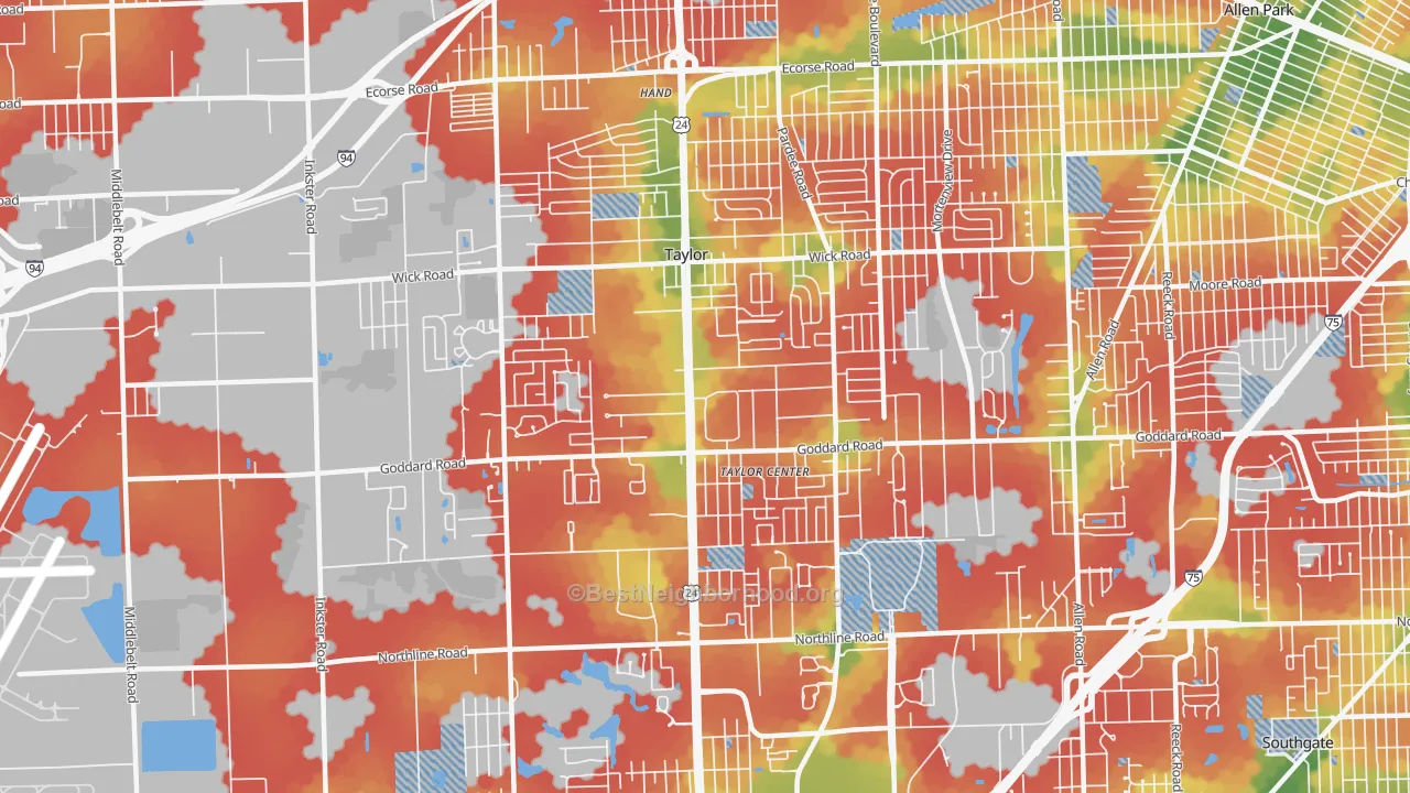 Walk Grade map of Taylor, MI, walkable areas in green and car-dependent areas in red