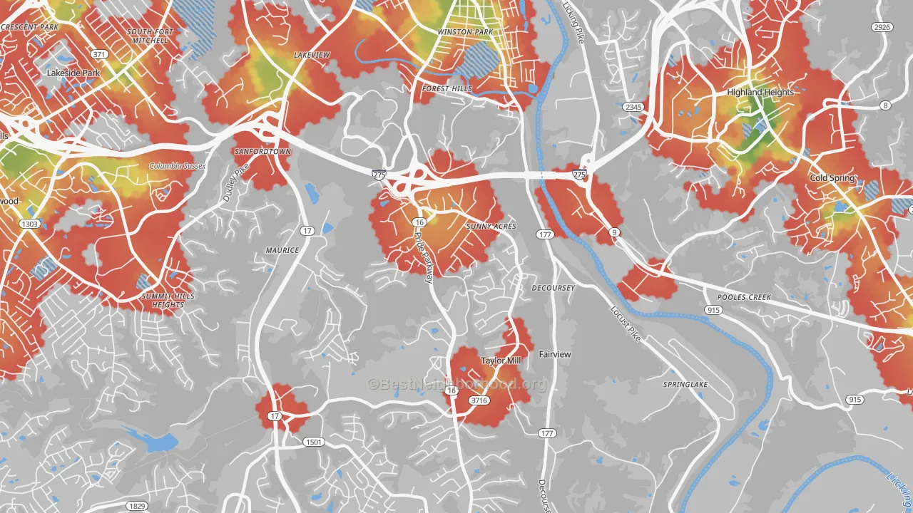 Walk Grade map of Taylor Mill, KY, walkable areas in green and car-dependent areas in red