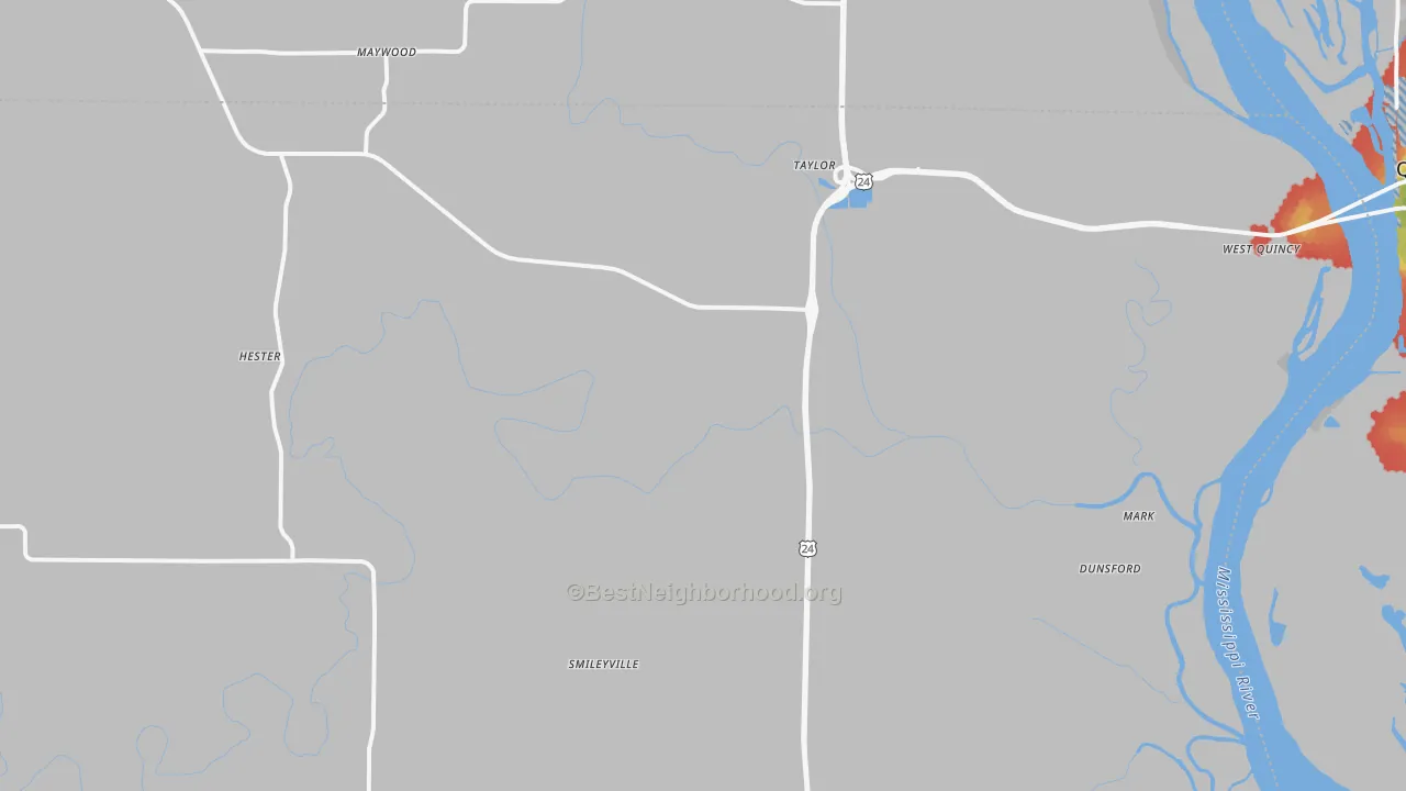 Walk Grade map of Taylor, MO, walkable areas in green and car-dependent areas in red