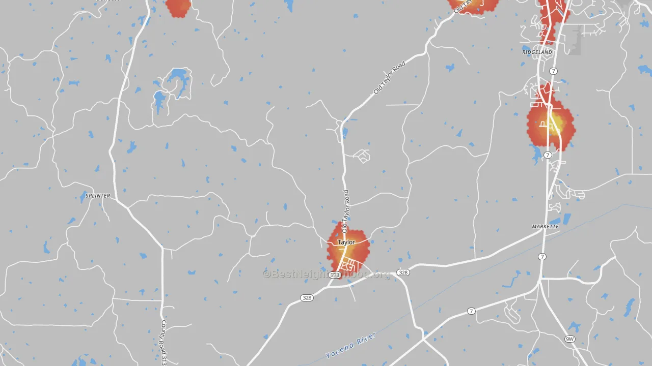 Walk Grade map of Taylor, MS, walkable areas in green and car-dependent areas in red