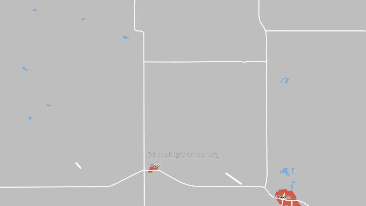 Walk Grade map of Taylor, ND, walkable areas in green and car-dependent areas in red